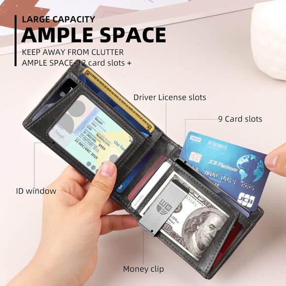 Men's Slim Leather Wallet RFID Blocking 12 Card Slots - Picture 2 of 10